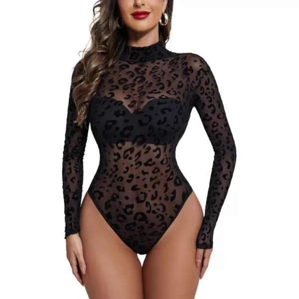 Avidlove Long Sleeve Bodysuit for Women Turtleneck Sheer Mesh Bodysuit Geo Print LeotardsLong Sleeve Leopard Print