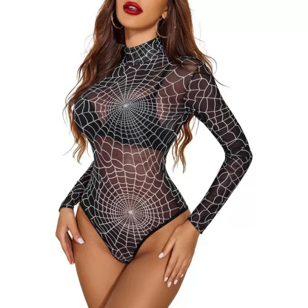 Avidlove Long Sleeve Bodysuit for Women Turtleneck Sheer Mesh Bodysuit Geo Print LeotardsLong Sleeve Spiderartprint