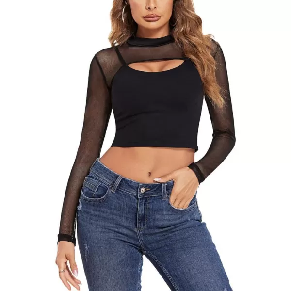 Avidlove Mesh Crop Tops for Women Mock Neck Long Sleeve Crop Top See Through Shirt Top Sexy ClubwearBlack