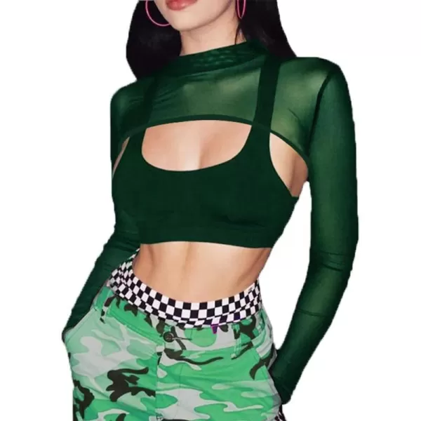 Avidlove Mesh Crop Tops for Women Mock Neck Long Sleeve Crop Top See Through Shirt Top Sexy ClubwearGreen