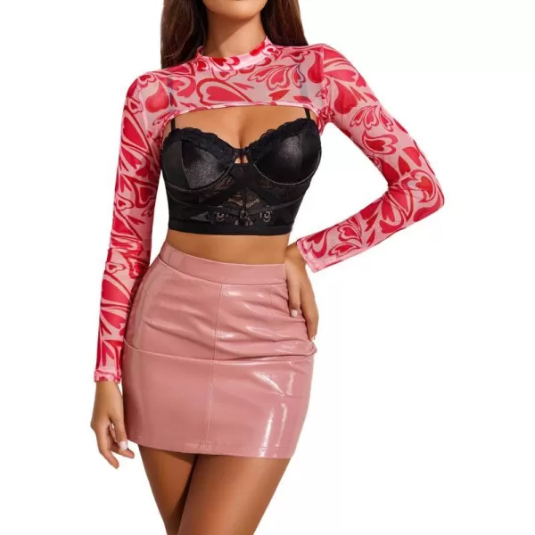 Avidlove Mesh Crop Tops for Women Mock Neck Long Sleeve Crop Top See Through Shirt Top Sexy ClubwearHeart