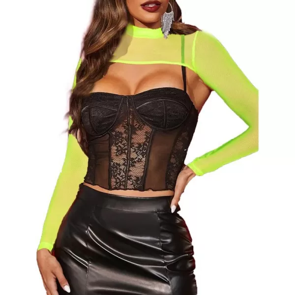 Avidlove Mesh Crop Tops for Women Mock Neck Long Sleeve Crop Top See Through Shirt Top Sexy ClubwearNeon Green