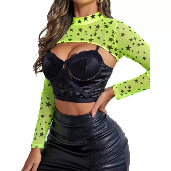 Avidlove Mesh Crop Tops for Women Mock Neck Long Sleeve Crop Top See Through Shirt Top Sexy ClubwearNeon Greenstar