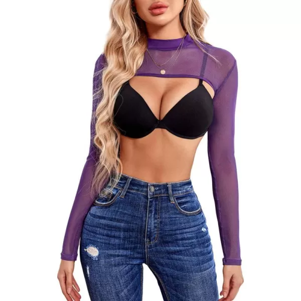 Avidlove Mesh Crop Tops for Women Mock Neck Long Sleeve Crop Top See Through Shirt Top Sexy ClubwearPurple