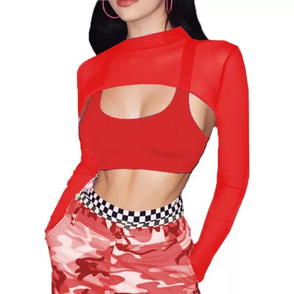 Avidlove Mesh Crop Tops for Women Mock Neck Long Sleeve Crop Top See Through Shirt Top Sexy ClubwearRed