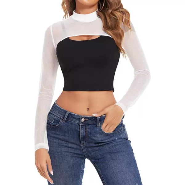 Avidlove Mesh Crop Tops for Women Mock Neck Long Sleeve Crop Top See Through Shirt Top Sexy ClubwearWhite