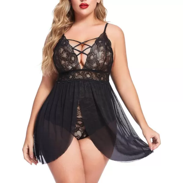 Avidlove Plus Size Babydoll Womens Snap Crotch Lingerie V Neck Lace Nighty Sleepwear L5XL1black