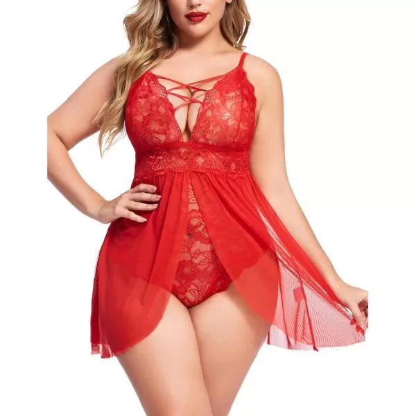 Avidlove Plus Size Babydoll Womens Snap Crotch Lingerie V Neck Lace Nighty Sleepwear L5XL1red