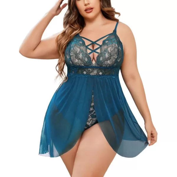 Avidlove Plus Size Babydoll Womens Snap Crotch Lingerie V Neck Lace Nighty Sleepwear L5XLBlue Green