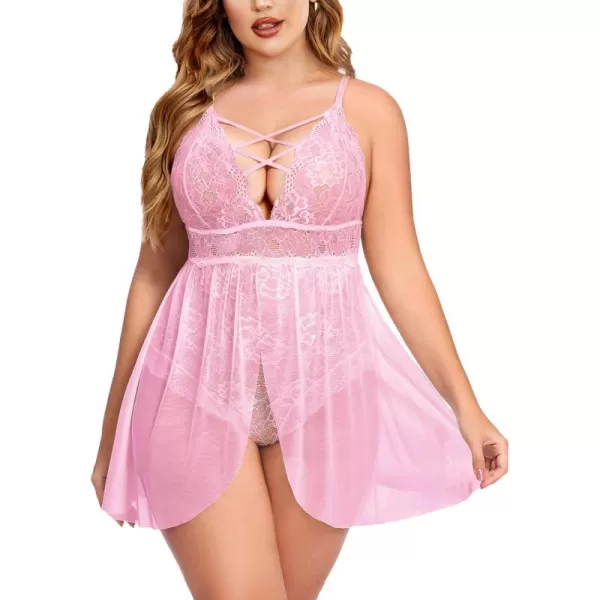 Avidlove Plus Size Babydoll Womens Snap Crotch Lingerie V Neck Lace Nighty Sleepwear L5XLPink