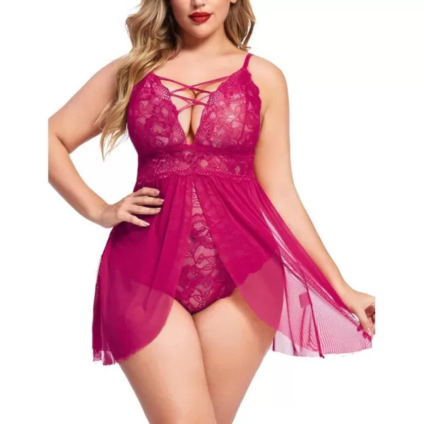 Avidlove Plus Size Babydoll Womens Snap Crotch Lingerie V Neck Lace Nighty Sleepwear L5XLRose Red