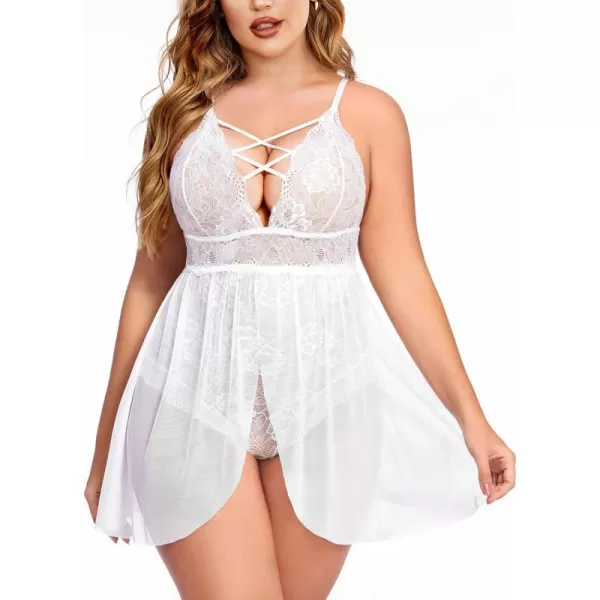 Avidlove Plus Size Babydoll Womens Snap Crotch Lingerie V Neck Lace Nighty Sleepwear L5XLWhite