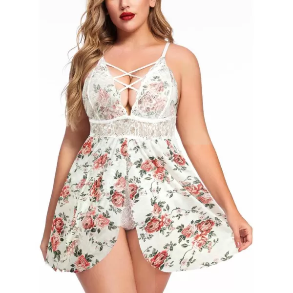 Avidlove Plus Size Babydoll Womens Snap Crotch Lingerie V Neck Lace Nighty Sleepwear L5XLWhite Floral