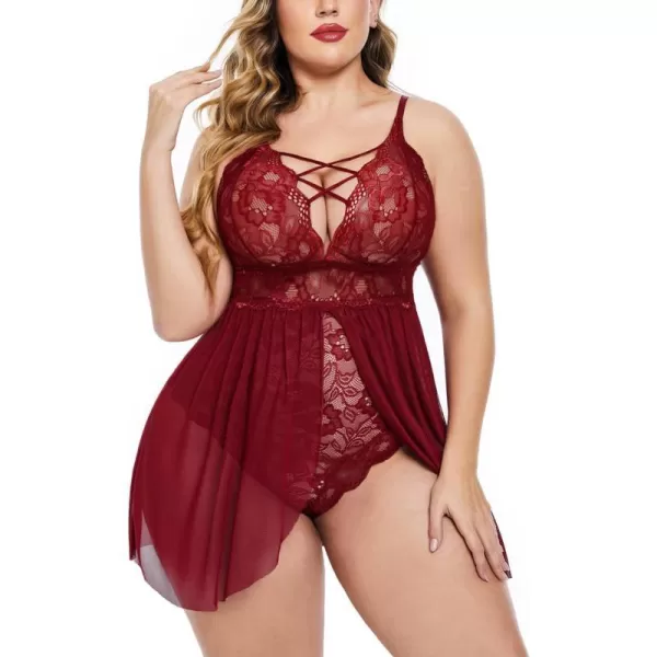 Avidlove Plus Size Babydoll Womens Snap Crotch Lingerie V Neck Lace Nighty Sleepwear L5XLWine Red