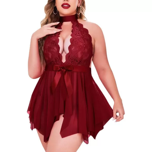 Avidlove Plus Size Babydoll for Women High Waist Teddy Chemise Floral Lace LingerieCherry Red