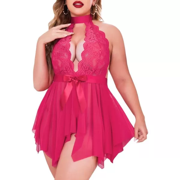 Avidlove Plus Size Babydoll for Women High Waist Teddy Chemise Floral Lace LingerieRose Red