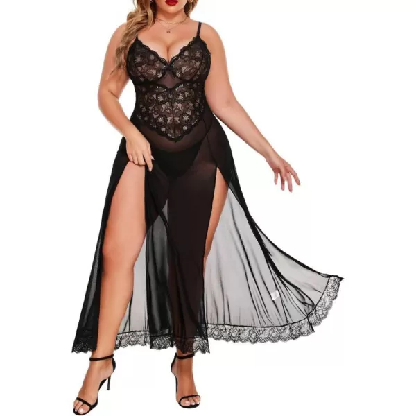 Avidlove Plus Size Lingerie For Women Babydoll Sexy Mesh Maxi Nightdress Strappy Exotic Sleepwear Side SlitsBlack