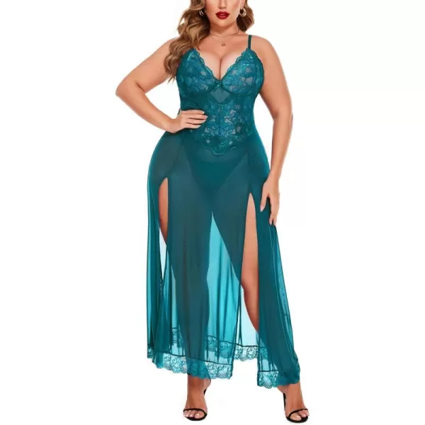 Avidlove Plus Size Lingerie For Women Babydoll Sexy Mesh Maxi Nightdress Strappy Exotic Sleepwear Side SlitsBlue Green