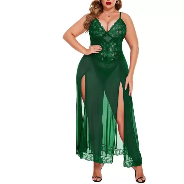 Avidlove Plus Size Lingerie For Women Babydoll Sexy Mesh Maxi Nightdress Strappy Exotic Sleepwear Side SlitsGreen