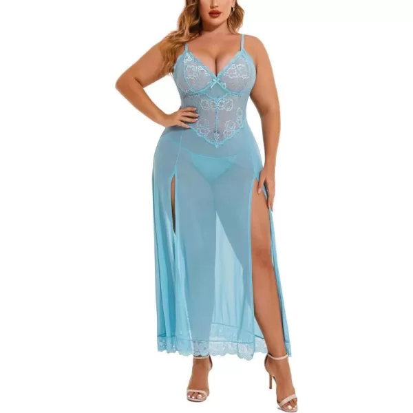 Avidlove Plus Size Lingerie For Women Babydoll Sexy Mesh Maxi Nightdress Strappy Exotic Sleepwear Side SlitsLight Blue