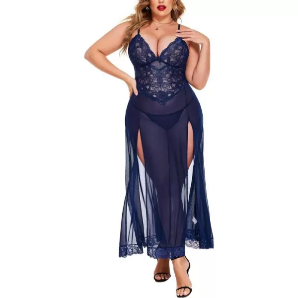 Avidlove Plus Size Lingerie For Women Babydoll Sexy Mesh Maxi Nightdress Strappy Exotic Sleepwear Side SlitsNavy Blue