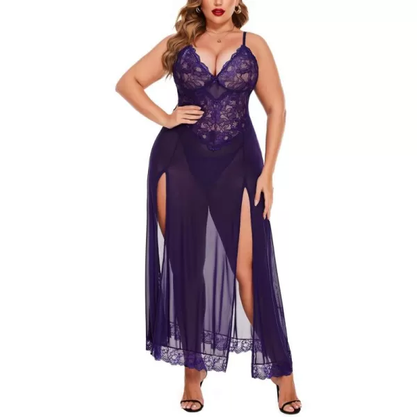 Avidlove Plus Size Lingerie For Women Babydoll Sexy Mesh Maxi Nightdress Strappy Exotic Sleepwear Side SlitsPurple