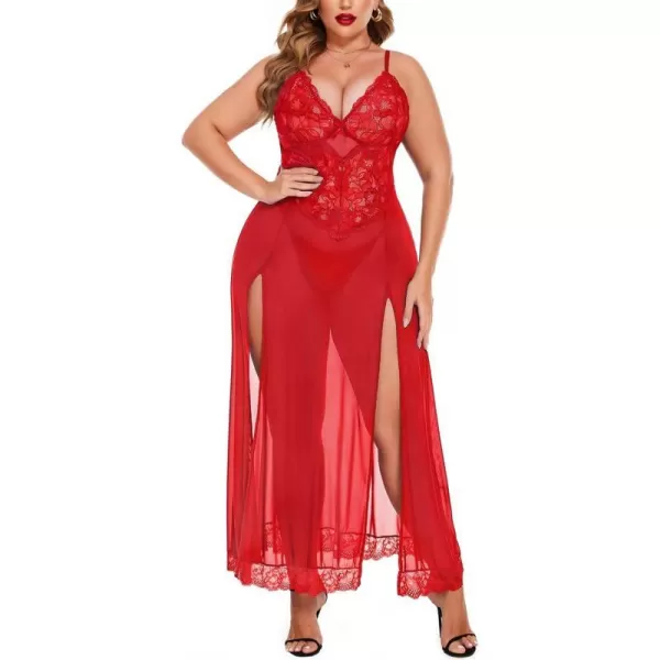 Avidlove Plus Size Lingerie For Women Babydoll Sexy Mesh Maxi Nightdress Strappy Exotic Sleepwear Side SlitsRed