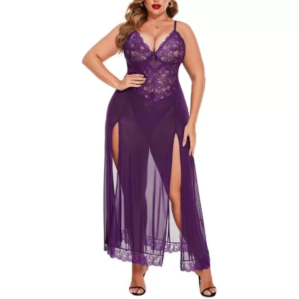 Avidlove Plus Size Lingerie For Women Babydoll Sexy Mesh Maxi Nightdress Strappy Exotic Sleepwear Side SlitsViolet