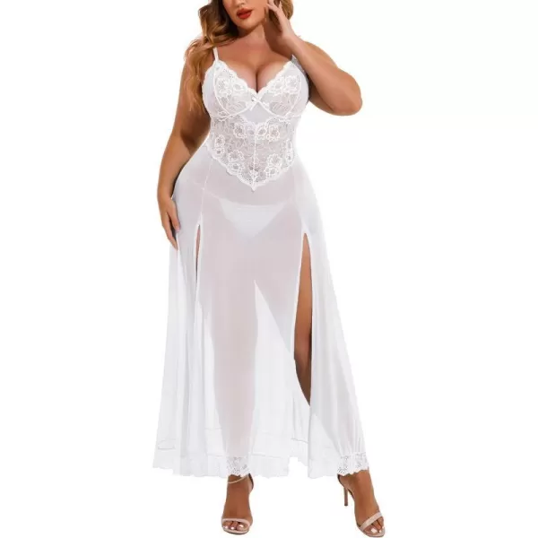 Avidlove Plus Size Lingerie For Women Babydoll Sexy Mesh Maxi Nightdress Strappy Exotic Sleepwear Side SlitsWhite