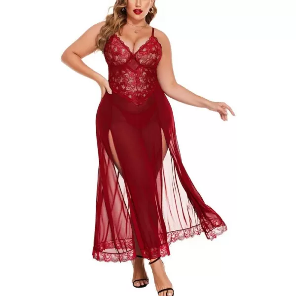 Avidlove Plus Size Lingerie For Women Babydoll Sexy Mesh Maxi Nightdress Strappy Exotic Sleepwear Side SlitsWine Red