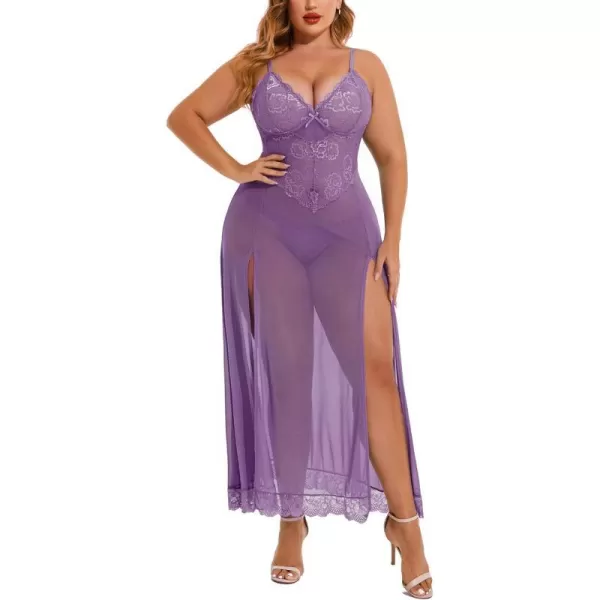 Avidlove Plus Size Lingerie For Women Babydoll Sexy Mesh Maxi Nightdress Strappy Exotic Sleepwear Side SlitsWineberry