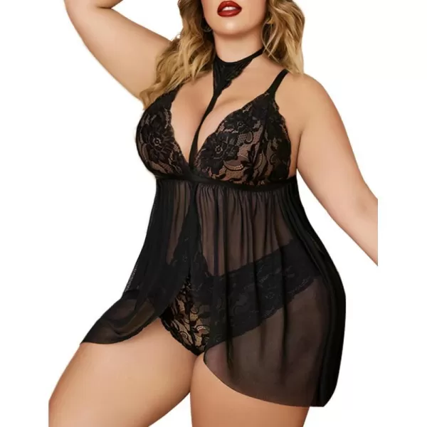 Avidlove Plus Size Lingerie For Women Lace Babydoll Mesh Choker Sleepwear L5XL1black