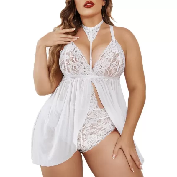 Avidlove Plus Size Lingerie For Women Lace Babydoll Mesh Choker Sleepwear L5XL1white