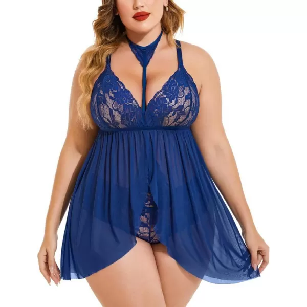 Avidlove Plus Size Lingerie For Women Lace Babydoll Mesh Choker Sleepwear L5XLBlue