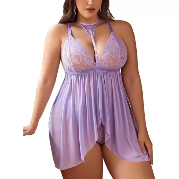 Avidlove Plus Size Lingerie For Women Lace Babydoll Mesh Choker Sleepwear L5XLLilac