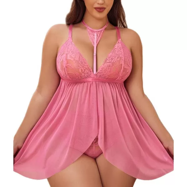 Avidlove Plus Size Lingerie For Women Lace Babydoll Mesh Choker Sleepwear L5XLPink