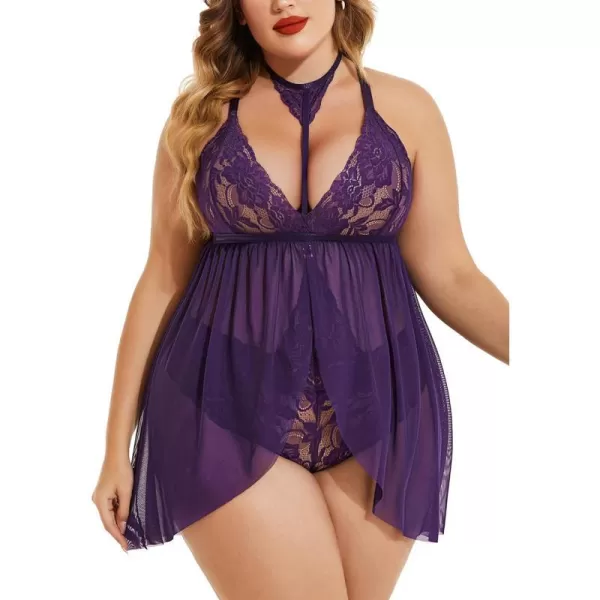 Avidlove Plus Size Lingerie For Women Lace Babydoll Mesh Choker Sleepwear L5XLPurple