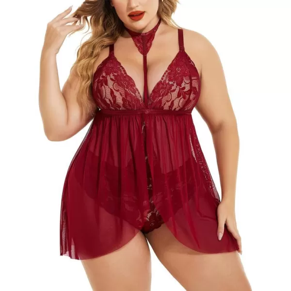 Avidlove Plus Size Lingerie For Women Lace Babydoll Mesh Choker Sleepwear L5XLWine Red