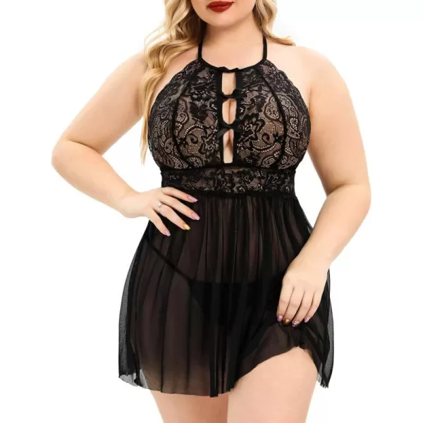 Avidlove Plus Size Lingerie For Women Lace Babydoll Strap Chemise Halter Neck Mesh Sleepwear BandageBlack