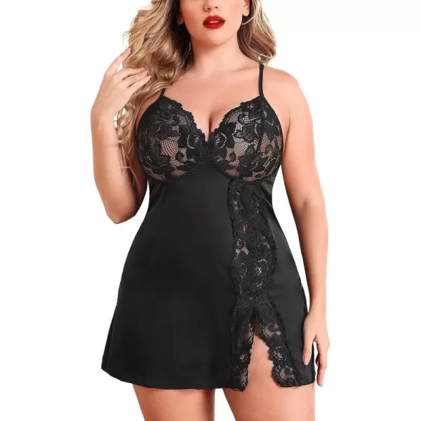 Avidlove Plus Size Lingerie For Women Sexy Satin Nightgown Lace Babydoll Side Slit Strappy Chemise FloralBlack