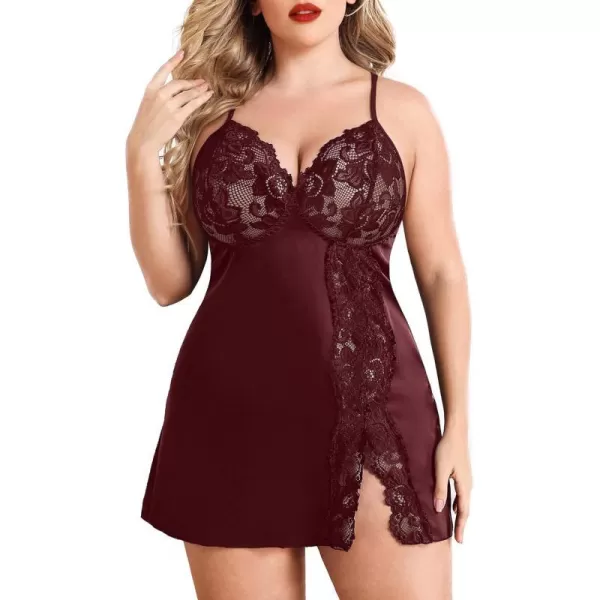 Avidlove Plus Size Lingerie For Women Sexy Satin Nightgown Lace Babydoll Side Slit Strappy Chemise FloralDark Red