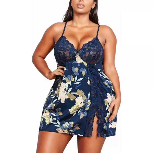 Avidlove Plus Size Lingerie For Women Sexy Satin Nightgown Lace Babydoll Side Slit Strappy Chemise FloralFloral Navy