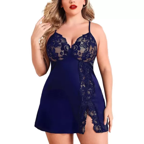 Avidlove Plus Size Lingerie For Women Sexy Satin Nightgown Lace Babydoll Side Slit Strappy Chemise FloralNavy Blue