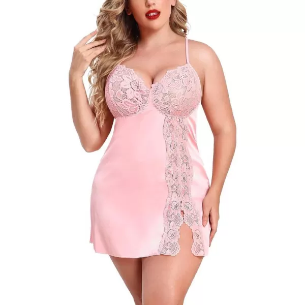 Avidlove Plus Size Lingerie For Women Sexy Satin Nightgown Lace Babydoll Side Slit Strappy Chemise FloralPink