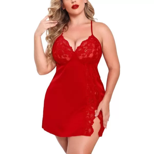 Avidlove Plus Size Lingerie For Women Sexy Satin Nightgown Lace Babydoll Side Slit Strappy Chemise FloralRich Red