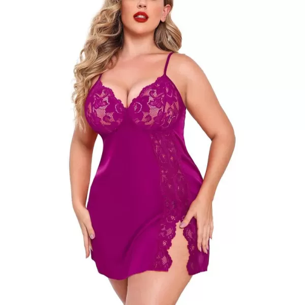 Avidlove Plus Size Lingerie For Women Sexy Satin Nightgown Lace Babydoll Side Slit Strappy Chemise FloralRose Red