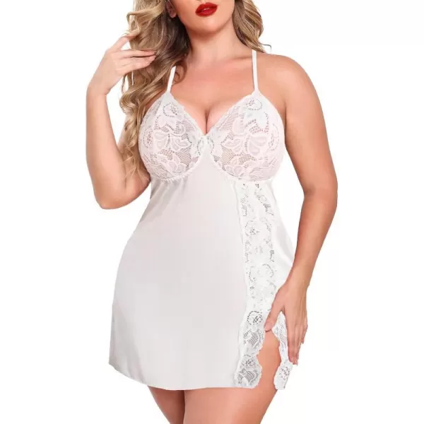 Avidlove Plus Size Lingerie For Women Sexy Satin Nightgown Lace Babydoll Side Slit Strappy Chemise FloralWhite