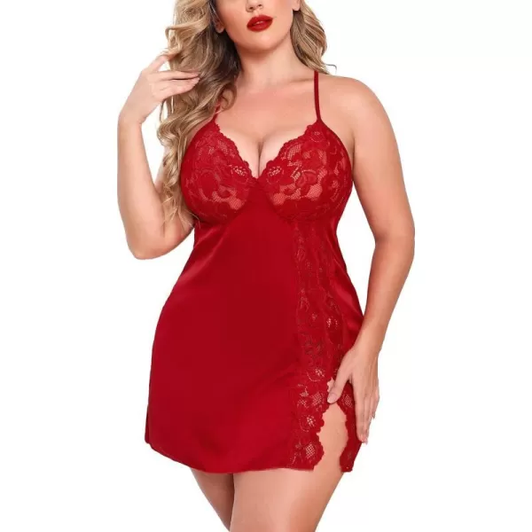 Avidlove Plus Size Lingerie For Women Sexy Satin Nightgown Lace Babydoll Side Slit Strappy Chemise FloralWine Red