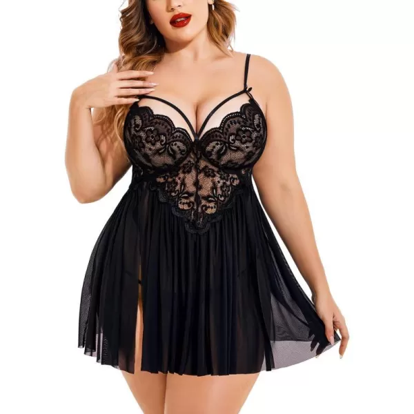 Avidlove Plus Size Lingerie Lace Babydoll Womens Strap Chemise Nightgown V Neck Nighty Mesh Sleepwear Side Slit NightdressPlus Size 1black