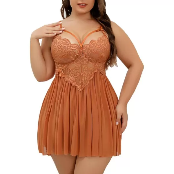 Avidlove Plus Size Lingerie Lace Babydoll Womens Strap Chemise Nightgown V Neck Nighty Mesh Sleepwear Side Slit NightdressPlus Size 1caramel